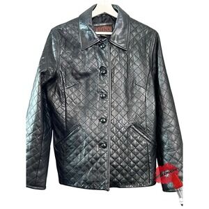 Siena Jacket Women 14 Black Leather Diamond Quilted Button Down Long Sleeve